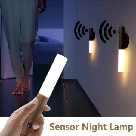 LED træ væglampe - infrarød / nat sensor - trådløs - USB opladning