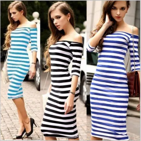 Off shoulder stripete kjole - slank