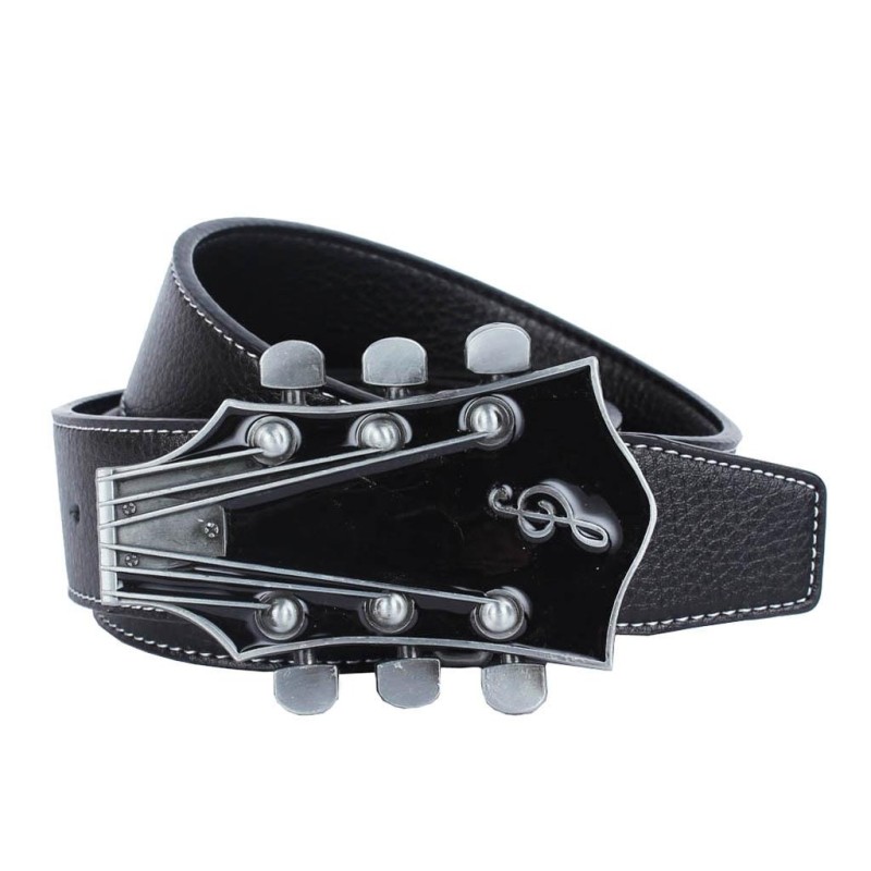 Skórzany pasek z metalową klamrą w kształcie gitaryPaski