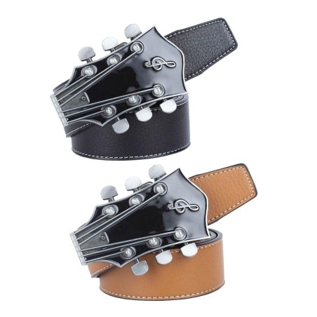 Skórzany pasek z metalową klamrą w kształcie gitaryPaski