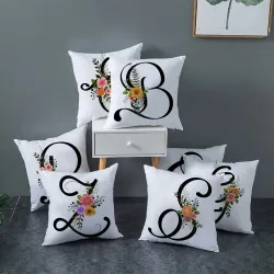 Capa de almofada decorativa branca - alfabeto inglês preto / flores - 45 * 45 cm