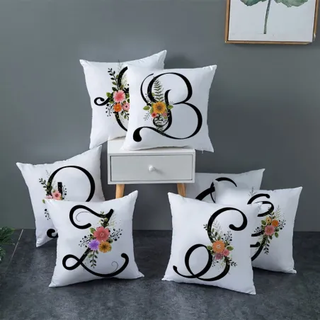 Koristeellinen valkoinen tyynynpäällinen - musta englantilainen aakkoset / kukat - 45 * 45 cm