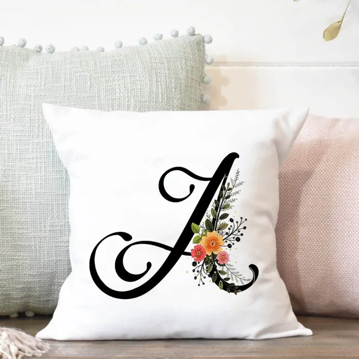 Dekorativer weißer Kissenbezug - schwarzes englisches Alphabet / Blumen - 45 * 45 cm
