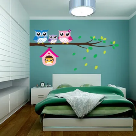 Famille hibou sur arbre / oiseaux - sticker mural en vinyle - amovible