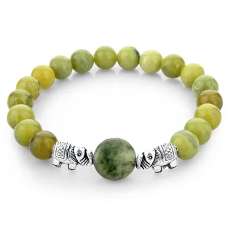 Green natural stone beads / silver elephant - braceletBracelets