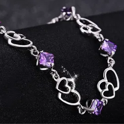 Elegant bracelet - purple crystals / hearts - 925 sterling silverBracelets