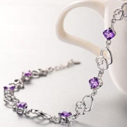 Elegant armbånd - lilla krystaller / hjerter - 925 sterling sølv