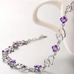 Elegant bracelet - purple crystals / hearts - 925 sterling silverBracelets