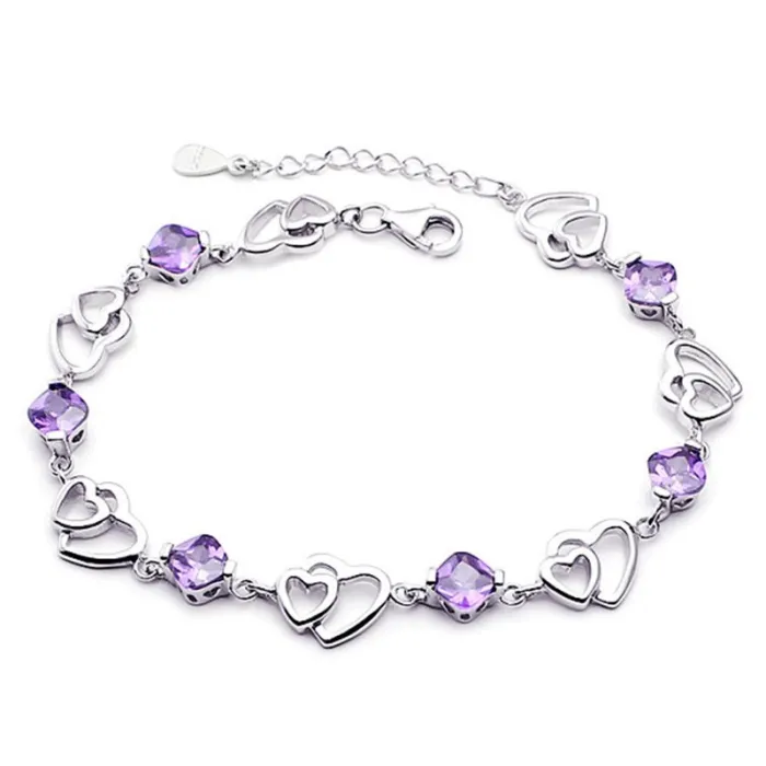 Tyylikäs rannekoru - violetit kristallit / sydämet - 925 sterlinghopeaa