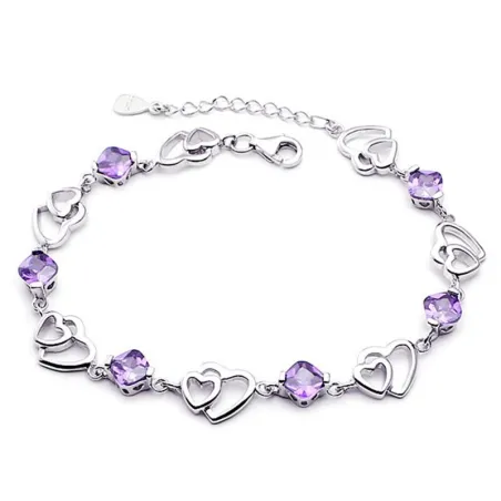 Tyylikäs rannekoru - violetit kristallit / sydämet - 925 sterlinghopeaa