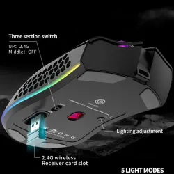 BM600 - trådløs RGB gaming mus - honeycomb design - genopladelig - USB - 2.4G