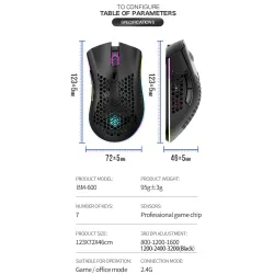 BM600 - trådløs RGB gaming mus - honeycomb design - genopladelig - USB - 2.4G