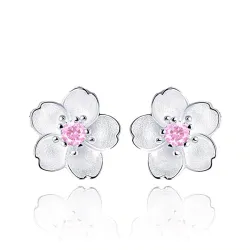 AretesFlor de cerezo con circonita rosa - Pendientes de botón - Plata de ley 925