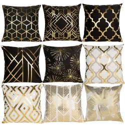 Fodera per cuscino bianco / nero - motivo geometrico dorato - 45 cm * 45 cm