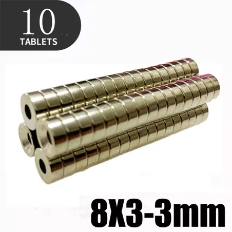 N35 - neodymmagnet - sterk skive - 8mm * 3mm - med 3mm hull - 10 stk.