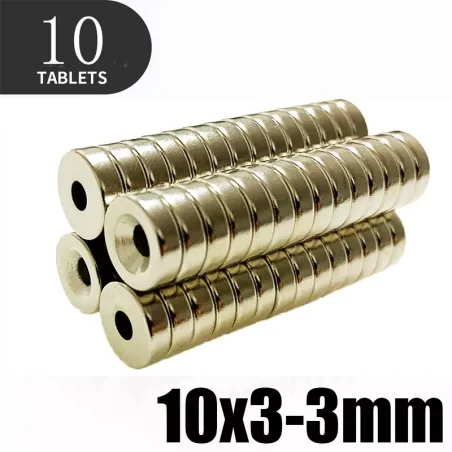N35 - neodymmagnet - sterk skive - 10mm * 3mm - med 3mm hull - 10 stk.