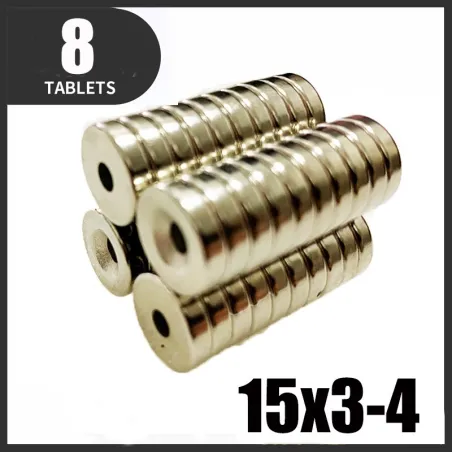 N35 - neodymmagnet - sterk skive - 15mm * 3mm - med 4mm hull - 8 stk.