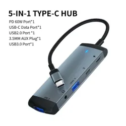 5 in 1 HUB - Type-C - USB 2.0 / 3.0 - 3,5 mm Klinke - Splitter - Adapter
