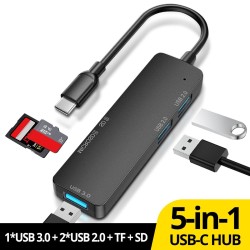 HUB 5 em 1 - USB 3.0 - tipo C - TF - SD - adaptador - divisor