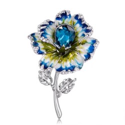 Fleur bleue en émail avec cristaux - broche en argent