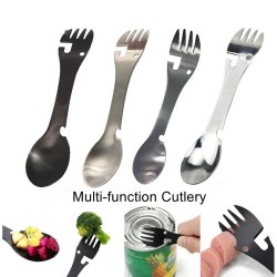 Multifunktions bestik i rustfrit stål - ske - gaffel - kniv - flaske / dåseåbner