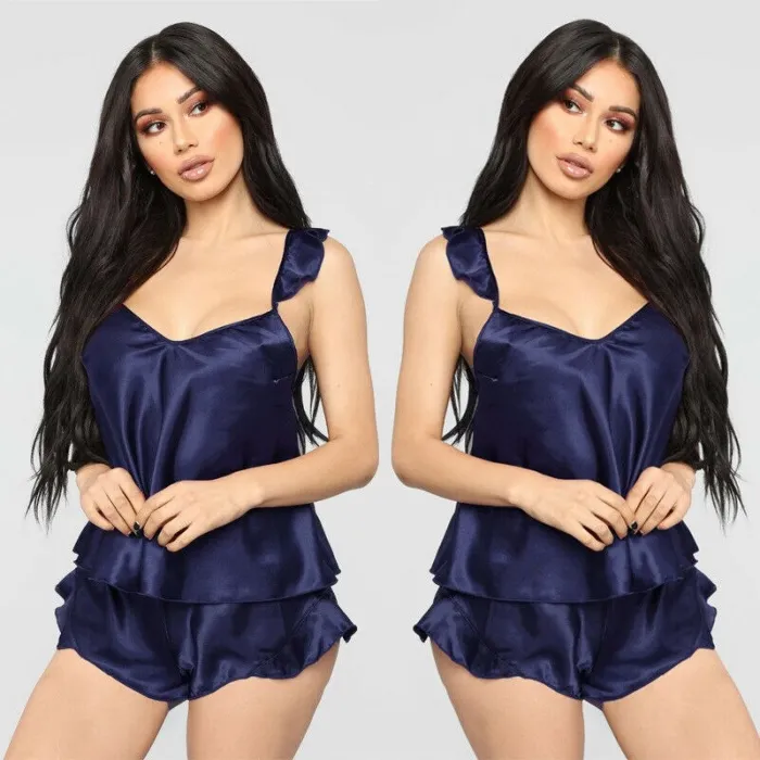 Sexy sateng pyjamas - shorts - ermeløs topp - sett