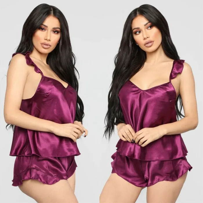Sexy sateng pyjamas - shorts - ermeløs topp - sett