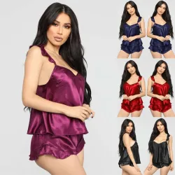 LenceríaPijama sexy satinado - shorts - top sin mangas - conjunto