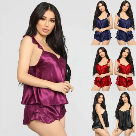 Sexy sateng pyjamas - shorts - ermeløs topp - sett