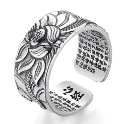 Buddhalainen sydänsutrasormus - lootus - hopea - kokoa muutettava - unisex