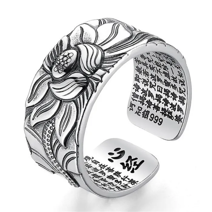 Buddhistisk hjerte sutra ring - lotus - sølv - kan endre størrelse - unisex