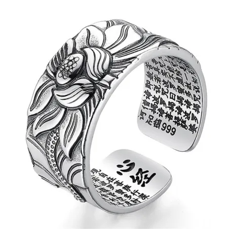 Bague sutra cœur bouddhiste - lotus - argent - redimensionnable - unisexe