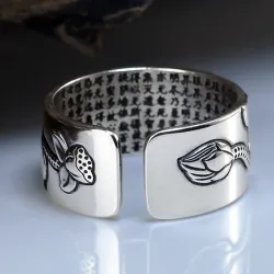 Buddhistisk hjerte sutra ring - lotus - sølv - kan endre størrelse - unisex
