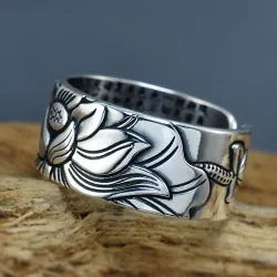Buddhistisk hjerte sutra ring - lotus - sølv - kan endre størrelse - unisex