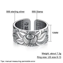 Buddhistisk hjerte sutra ring - lotus - sølv - kan endre størrelse - unisex