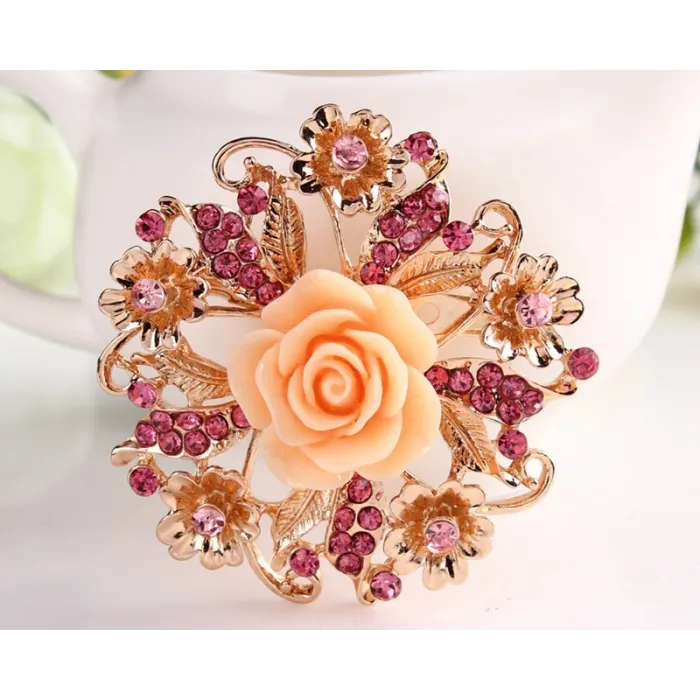 Flor rosa de resina com cristais - alfinete broche