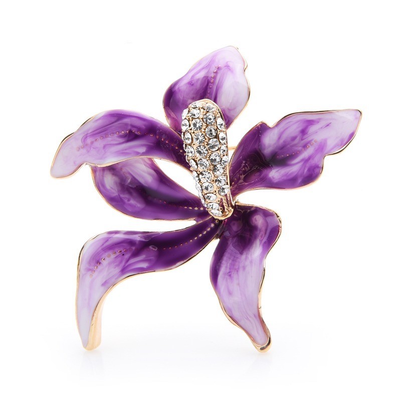 Fioletowy kwiat orchidei z kryształkami - broszkaBroszki