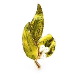 Grönt blad med pärlor - brosch