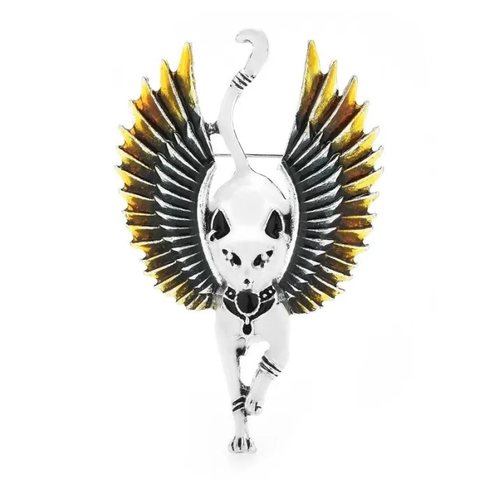 Gato anjo voador com asas - broche de esmalte