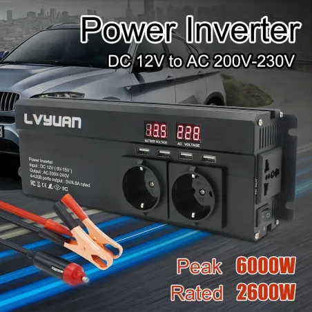 6000W - DC 12V/24V do AC 220V - wyświetlacz LED - przetwornica samochodowa - konwerter - ładowarka - transformatorKonwertery