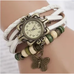 Bracciale multistrato vintage - con orologio al quarzo - perline / farfalla