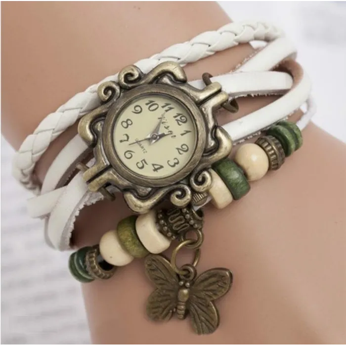 Bracciale multistrato vintage - con orologio al quarzo - perline / farfalla