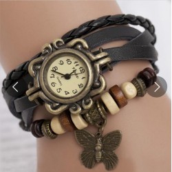 Wielowarstwowa bransoletka vintage - z kwarcowym zegarkiem - koraliki / motylBransoletki