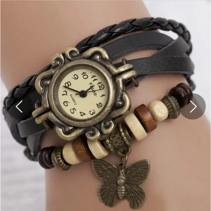 Bracciale multistrato vintage - con orologio al quarzo - perline / farfalla