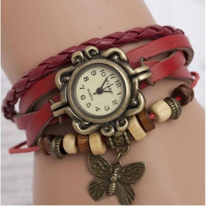 Bracelet multicouche vintage - avec montre à quartz - perles / papillon