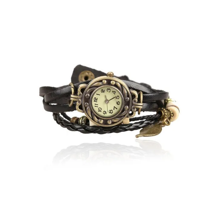Mehrschichtiges Vintage-Armband - mit Quarzuhr - Perlen / Blatt