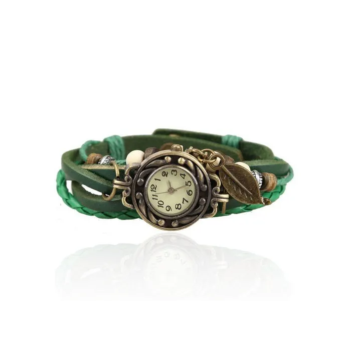 Vintage multi layer armband - met Quartz horloge - kralen / bladArmbanden