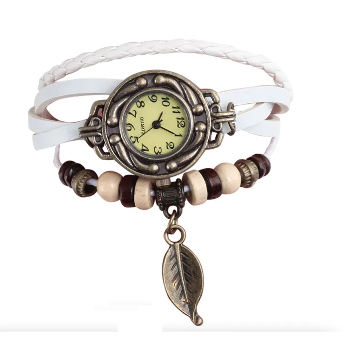 Vintage multi layer armband - met Quartz horloge - kralen / bladArmbanden