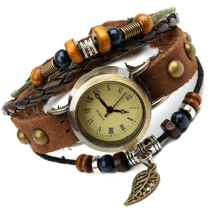 Vintage mehrschichtiges Lederarmband - mit Quarzuhr / Perlen