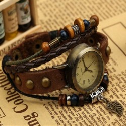 Vintage multi layer leather bracelet - with Quartz watch / beadsWatches